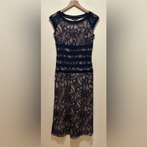 Candalite Navy Blue with Beige Lace Overlay Midi Dress - Women’s Size Small